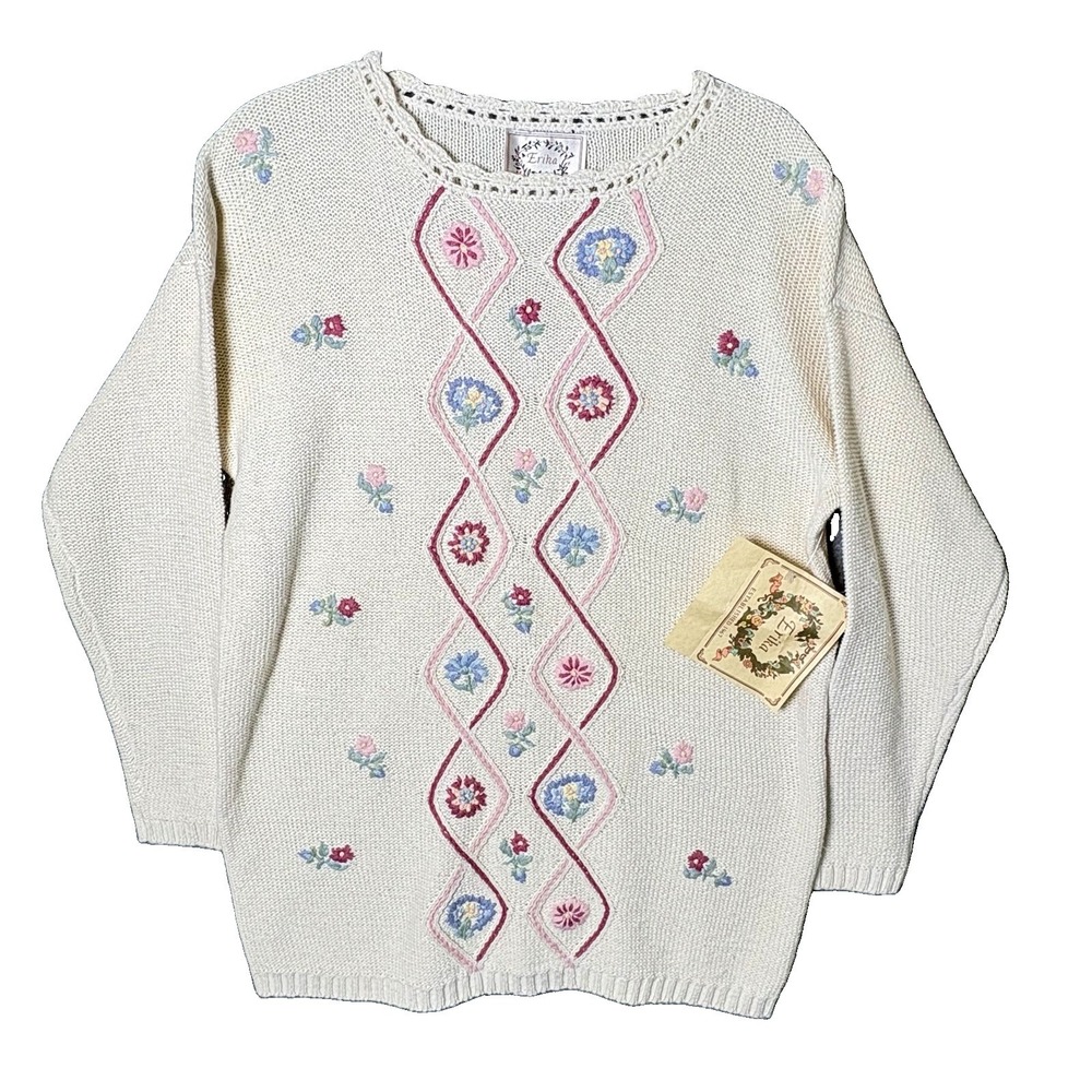 Erika Sweater Cottagecore Granny VTG Diamond Lattice W Floral NWT Womens Sz M